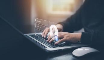 Cyber security and Security password login online concept  Hands typing and entering username and password of social media, log in with smartphone to an online bank account, data protection hacker photo