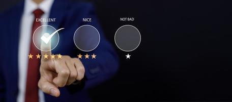 Businessman hand touch Customer review satisfaction feedback survey concept, User give rating to service experience on online application, service leading to reputation ranking business, 5 star photo