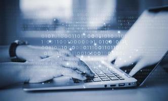 Businessman hand touch with Code html and programming on screen laptop,Programmer development Computer code,web design  coding technology in software, digital software technology development, IoT photo