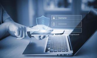 Cyber security and Security password login online concept  Hands typing and entering username and password of social media, log in with smartphone to an online bank account, data protection hacker photo