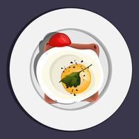 The isolated flat egg with shadows on the bread and with a piece of tomato on the plate vector