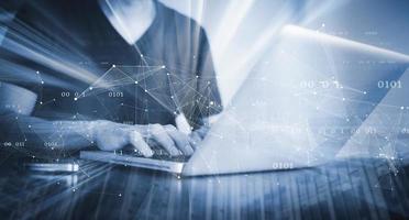 Businessman hand touch with Code html and programming on screen laptop,Programmer development Computer code,web design  coding technology in software, digital software technology development, IoT photo