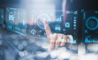 Businessman hand touch global network connection with virtual modern reduce CO2 emission concept with icons, global warming emissions carbon footprint climate change to limit global warming, energy photo