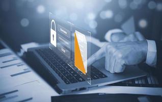cyber security, login, User, identification information,Online documentation database, IT consultant being set up Virtual Document Management System with laptop,Software for archiving corporate files. photo