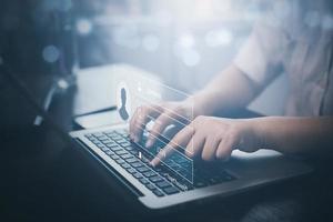 Cyber security and Security password login online concept  Hands typing and entering username and password of social media, log in with smartphone to an online bank account, data protection hacker photo