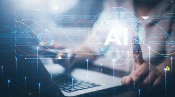 AI Artificial intelligence with hologram technology concept, businesswoman touch AI digital marketing, Big data, futuristic business, coding software development on the interface,IoT and innovation. photo