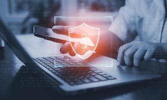 Cyber security and Security password login online concept  Hands typing and entering username and password of social media, log in with smartphone to an online bank account, data protection hacker photo