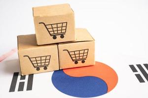 Box with shopping cart logo and Korea flag, Import Export Shopping online or eCommerce finance delivery service store product shipping, trade, supplier concept. photo