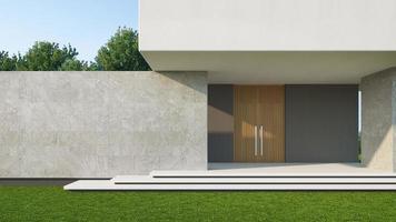 House entrance with stone wall and lawn grass.3d rendering photo