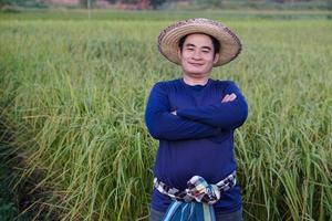 retrato de un agricultor asiático que usa sombrero, camisa azul, se pone las manos en el pecho, se para en el campo de arroz. se siente confiado. concepto, ocupación agrícola. los agricultores tailandeses cultivan arroz orgánico. foto