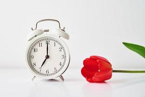 Vintage alarm clock with rose on white background photo