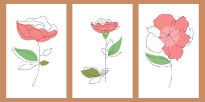 juego de impresión de flores vectoriales de dibujo lineal. cartel botánico. arte moderno de una sola línea, carteles de arte de pared, estampado de camisetas, dibujo de línea continua vector