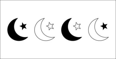 conjunto de estrellas y media luna en estilo blanco y negro, feliz ramadán y musulmán, media luna islámica. icono de vectores
