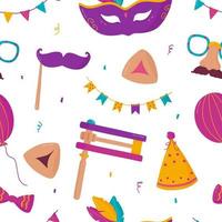 Background for Purim holiday with traditional elements. Vector seamless pattern with carnival masks, gragger, Hamantaschen cookies, balloon, bow, confetti, party hat and garland