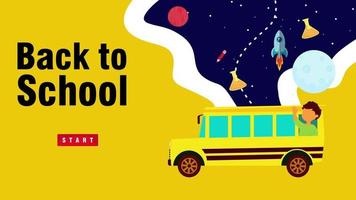 ônibus escolar com personagens de desenhos animados de crianças felizes indo para a escola. Gráficos de movimento de vídeo de animação 4k com fundo video