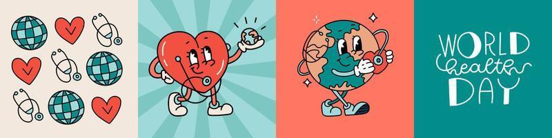 World health day cards set with heart and planet mascots. 70s retro cartoon chcracters and lettering. Linear hand drawn flat vector illustration.