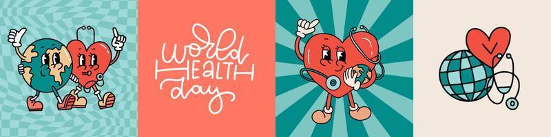 World Health Day greeting cards ot banner templates set. Retro cartoom style heart and Planet characters with doctor stethoscope and lettering . EPS 10 vector concept design