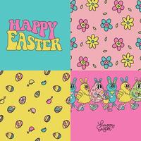 Retro greeting Easter cards set in vivid groovy 70s-80s style. Spring backgrounds, retro cartoon characters and lettering text. Vector contou hand drawn illustration.