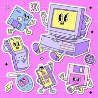 Back to 90s sticker pack. Old fashioned set of old computer pc, vintage misic cassette, floppy disk, tetris and tamagochi mascots in retro cartoon style. Nostalgia for 1990s. Vector illustration.