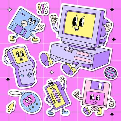 Back to 90s sticker pack. Old fashioned set of old computer pc, vintage misic cassette, floppy disk, tetris and tamagochi mascots in retro cartoon style. Nostalgia for 1990s. Vector illustration.