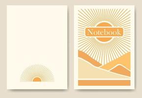 Sunny valley landscape background notebook cover. Nature environment poster design. Seamless asing mock-up, easy to re-size. Vector illustration