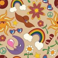 Vector seamless pattern with various objects in retro groovy style. Fabric or paper print, background, wallpaper