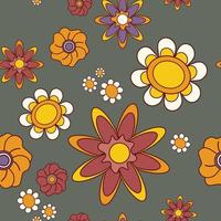 Vector seamless pattern with flowers on khaki background. Groovy retro style. Textile or paper print, template, wallpaper, background