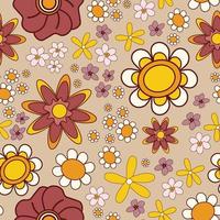 Vector seamless pattern with flowers on biege background. Groovy retro style. Textile or paper print, template, wallpaper, background