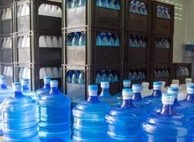 The blue water gallon containing drinking water has been sealed with a plastic seal in the drinking water plant to wait for delivery photo