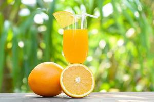 jugo de naranja con un trozo de fruta naranja en vidrio con fondo de verano verde natural foto