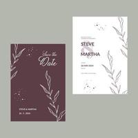 invitación de boda floral minimalista con decoración de hojas dibujadas a mano vector