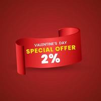 Diseño de banner de oferta roja especial del 2 por ciento, cinta roja sobre fondo rojo utilizada en la etiqueta de precio del producto o concepto de banners. dia especial de san valentin. ilustración vectorial vector