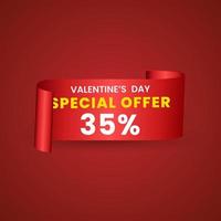 35 percent red elegant template of sale banner for Valentine Day with a scroll realistic red ribbon, an arrow and red shiny glossy hearts. Vector red background