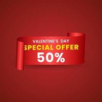 50 percent red elegant template of sale banner for Valentine Day with a scroll realistic red ribbon, an arrow and red shiny glossy hearts. Vector red background