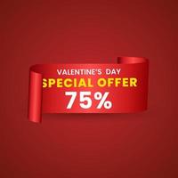 75 percent red elegant template of sale banner for Valentine Day with a scroll realistic red ribbon, an arrow and red shiny glossy hearts. Vector red background