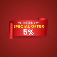 5 percent red elegant template of sale banner for Valentine Day with a scroll realistic red ribbon, an arrow and red shiny glossy hearts. Vector red background