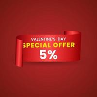 5 percent red elegant template of sale banner for Valentine Day with a scroll realistic red ribbon, an arrow and red shiny glossy hearts. Vector red background