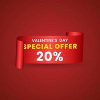 20 percent red elegant template of sale banner for Valentine Day with a scroll realistic red ribbon, an arrow and red shiny glossy hearts. Vector red background