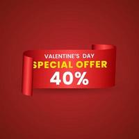 40 percent red elegant template of sale banner for Valentine Day with a scroll realistic red ribbon, an arrow and red shiny glossy hearts. Vector red background