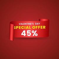 45 percent red elegant template of sale banner for Valentine Day with a scroll realistic red ribbon, an arrow and red shiny glossy hearts. Vector red background
