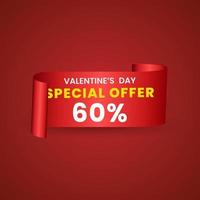 60 percent red elegant template of sale banner for Valentine Day with a scroll realistic red ribbon, an arrow and red shiny glossy hearts. Vector red background