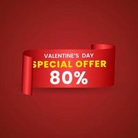 80 percent red elegant template of sale banner for Valentine Day with a scroll realistic red ribbon, an arrow and red shiny glossy hearts. Vector red background