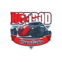 logotipo de hot rod con un auto antiguo e inscripción personalizada en el banner. vector