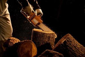 electric chainsaws cut trees in the forest for building a house and making firewood The concept of deforestation photo