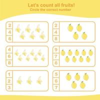 Counting worksheet for children. Count and circle the answer. Mathematic worksheet. Vector illustration.