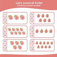 Counting worksheet for children. Count and circle the answer. Mathematic worksheet. Vector illustration.