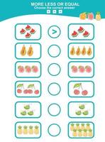 Math educational game for children. Choose more, less or equal game. Tropical fruit math theme game.  Educational printable math worksheet. Vector illustration in cartoon style.