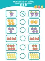 Math educational game for children. Choose more, less or equal game. Tropical fruit math theme game.  Educational printable math worksheet. Vector illustration in cartoon style.