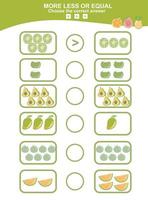 juego educativo de matemáticas para niños. elige más, menos o igual juego. Juego temático de matemáticas de frutas tropicales. hoja de trabajo de matemáticas imprimible educativa. ilustración vectorial en estilo de dibujos animados. vector