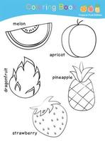 Fruit coloring worksheet page. Coloring cute fruit worksheet page. Educational printable colouring worksheet. Vector illustration.